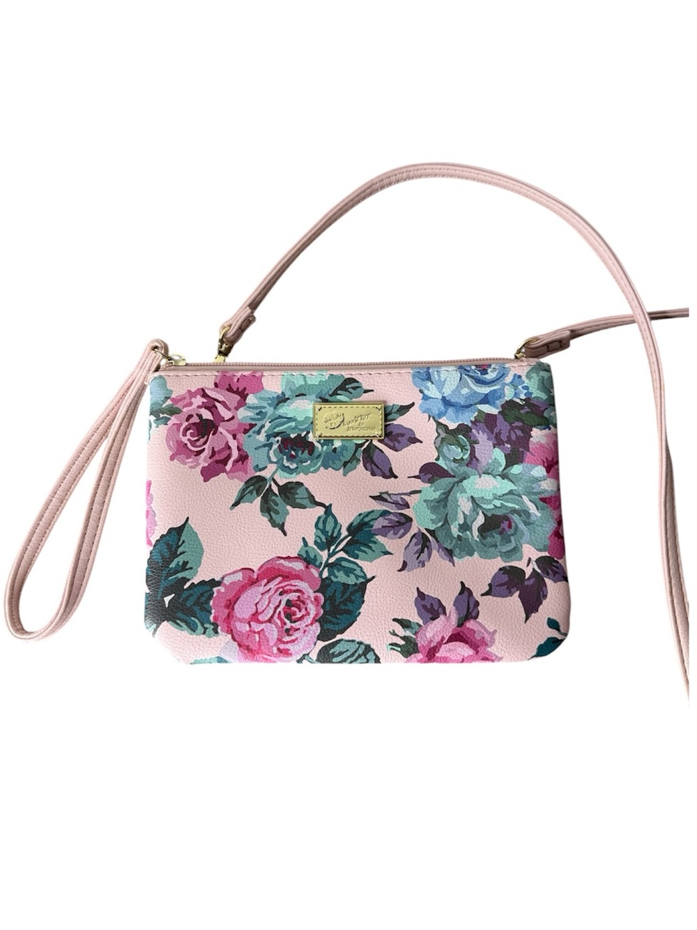 LUV BETSEY JOHNSON Pink Floral Convertible Wristlet Crossbody Bag Zipper